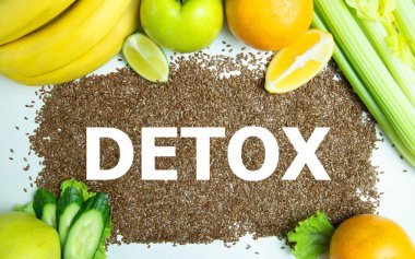 Chia tohumları için kelime detoks. Meyve suyu ve malzemeler. Diyet anlayışı, vücudu temizlemek, sağlıklı yemek..