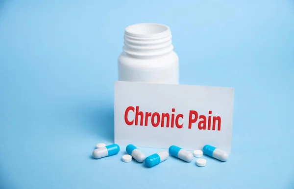 CHRONIC PAIN text on medical card with pills on blue background