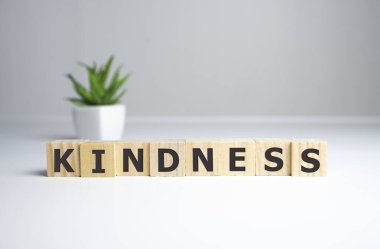 KINDNESS - harfli ahşap bloklardan kelimeler, KINDNESS konsepti, üst görünüm arkaplanı