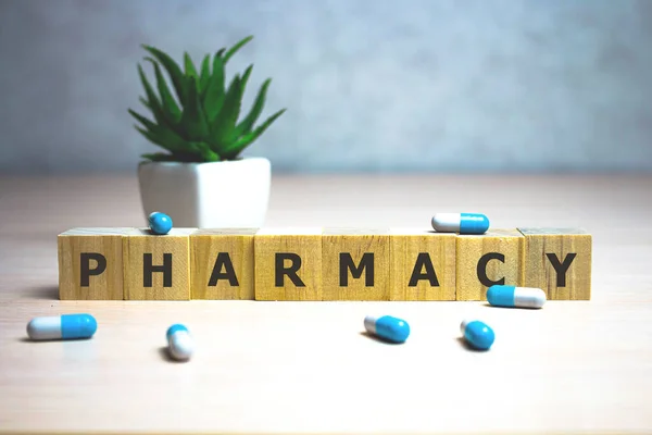 Pharmacy Λέξη Για Την Έννοια Μπλοκ Ιατρική Επιχειρηματική Έννοια Υπόβαθρο — Φωτογραφία Αρχείου