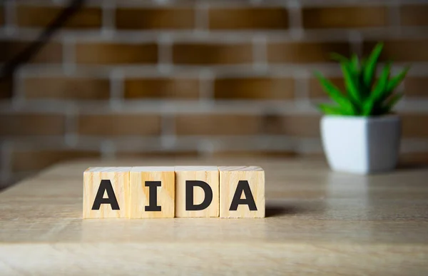 Aida Acronimo Attenzione Interesse Desiderio Azione Business Parola Cubi Legno — Foto Stock