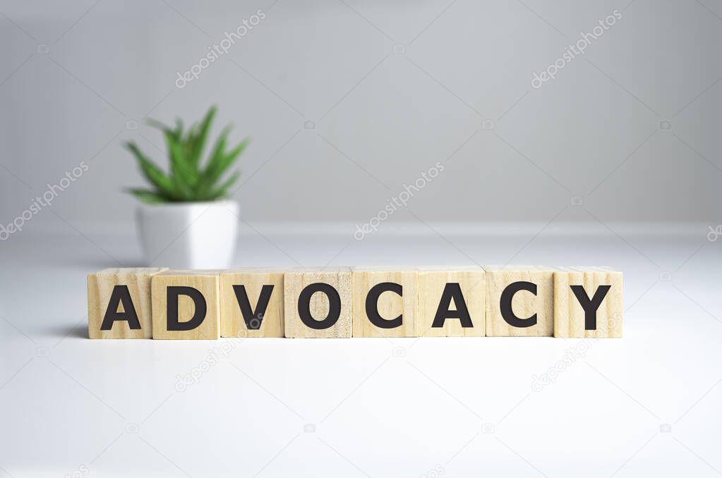 ADVOCACY word made with building blocks, business concept.