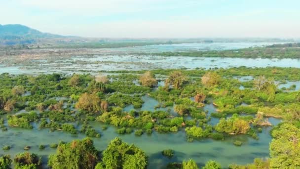 Flyger Över Don Det Och 4000 Öarna Mekong River Laos — Stockvideo
