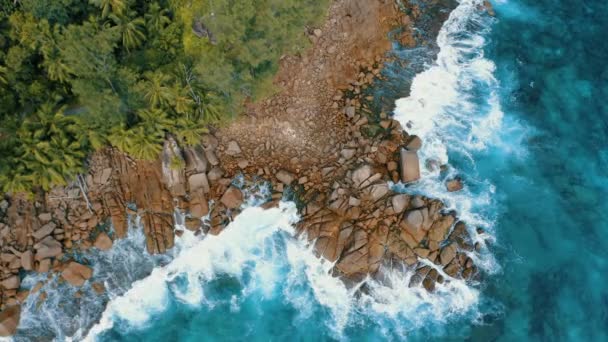 Aerial Drone Stable Footage Granite Boulders Anse Bazarca Beach — Stock Video