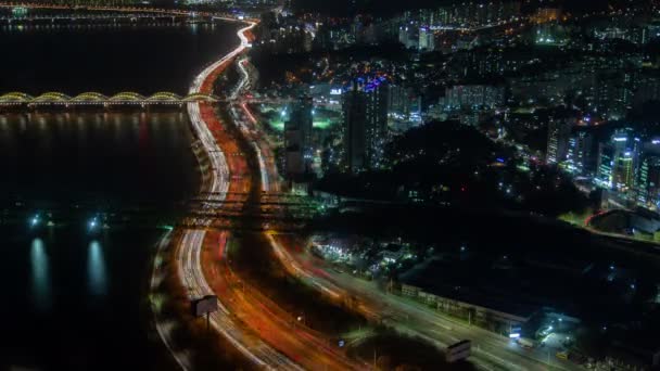 Hava Kore Aydınlatma Seul Yolu Köprüsü — Stok video