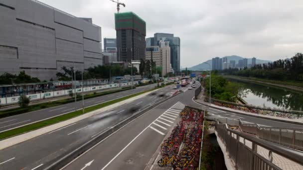 Timelapse Shenzhen Highway Βαριά Κυκλοφορία Από Ήρεμο Ποταμό — Αρχείο Βίντεο