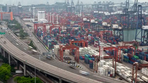 Container Terminal Cars Drive Lungo Hong Kong Overpass Highways — Video Stock