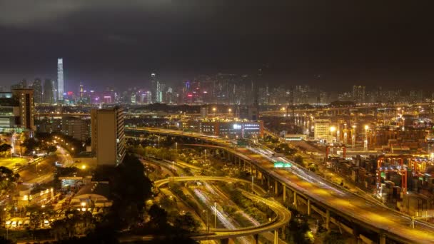 Konténer Port Heavy Traffic Hong Kong Night Overpass Autópályákon — Stock videók