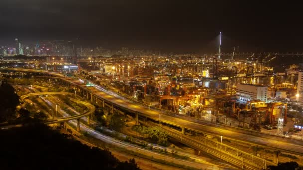 Containerhaven Hong Kong Overpass Road Buurt Van Moderne Havenkranen — Stockvideo