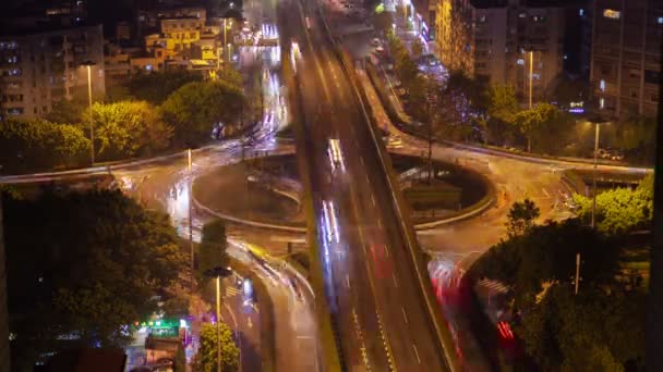 Night Guangzhou Road Circle Junction China Timelapse — Stock video