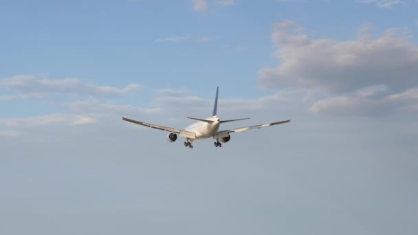 Flugzeug Landet Rückwärts Flugzeug Blauen Himmel Hintergrund Mit Wolken Flugzeug — Stockvideo