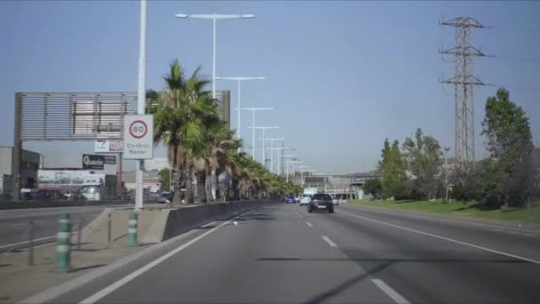 Auto Rijden Snelweg Van Barcelona Auto Bewegen Langs Stad Straat — Stockvideo