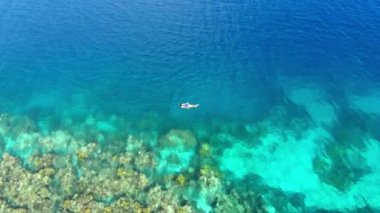 Mercan resifinde dalış yapan kadın yukarıdan tropikal deniz