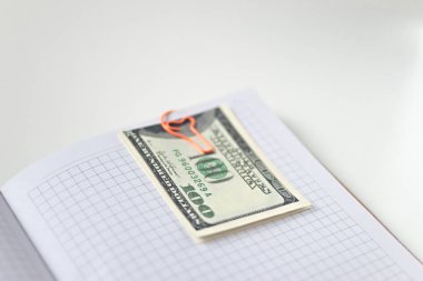 Defterde yüz dolarlık banknotlar, son para.