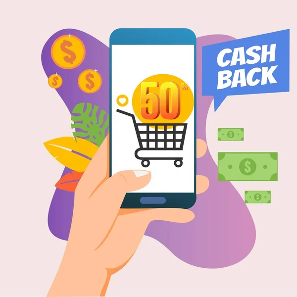 Cashback konsepti için düz stil vektör illüstrasyonu. Para ve para iadesi kaydediliyor.