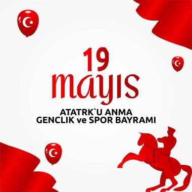 19. Mayis Atatürk 'ü Anma, Genclik ve Spor Bayrami vektörü, çeviri: 19 Mayıs Atatürk, Gençlik ve Spor Günü, Türk bayramına vektör tasarımı illüstrasyonu.