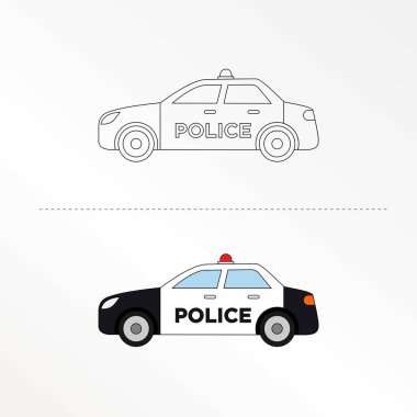 Şirin Polis Araba Vektör Tasarımı Çizimi. Çocuklar için boyama kitabı sayfaları.