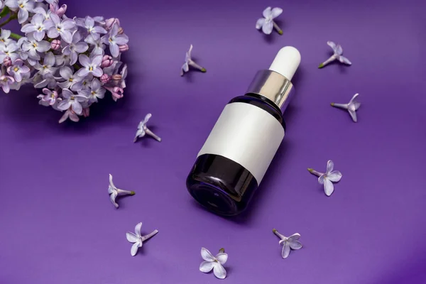 Serum, temel yağlar ya da kahverengi cam şişedeki sıvı kolajen, pipetli, mavi sırt gradında izole edilmiş, boş etiket, kopyalama alanı, leylak