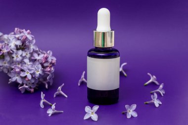 Serum, temel yağlar ya da kahverengi cam şişedeki sıvı kolajen, pipetli, mavi sırt gradında izole edilmiş, boş etiket, kopyalama alanı, leylak