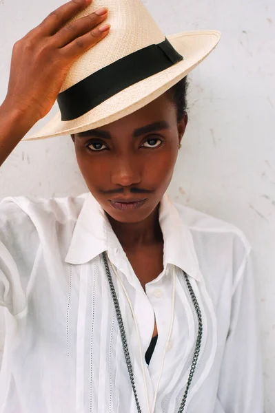 African Girl Drawn Mustache Disguised Man Cuba Style — Stock Photo, Image