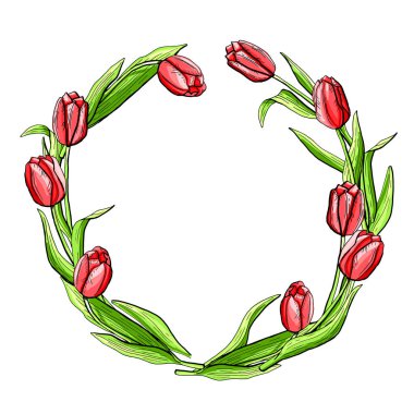 Lale desenli çelenk, çiçek desenli, tebrik kartı kırmızı.