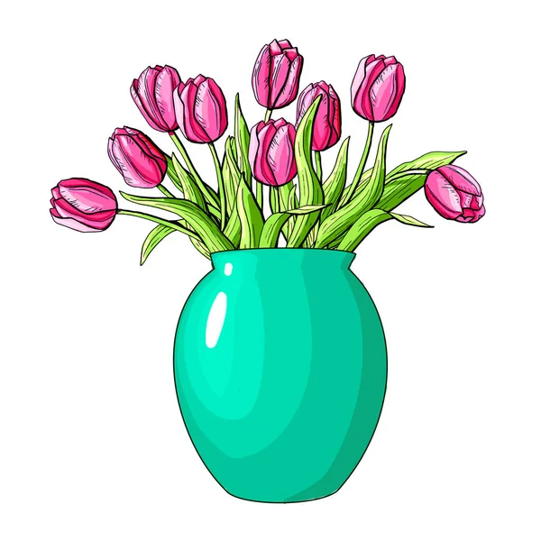 Tulipan Kwiatowy Zestaw Różowy Bukiet Wazonie Płatek Liść — Wektor stockowy