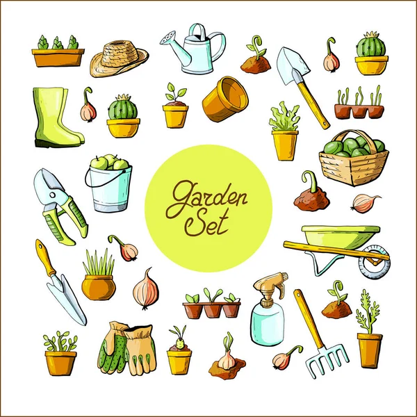 Vector Jardín Colección Herramientas Plantas — Vector de stock