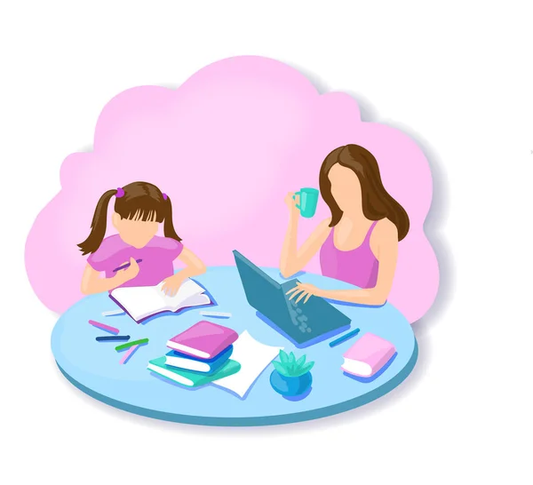 Ilustración Vectorial Familia Madre Hija Trabajando Aprendiendo Juntas — Vector de stock