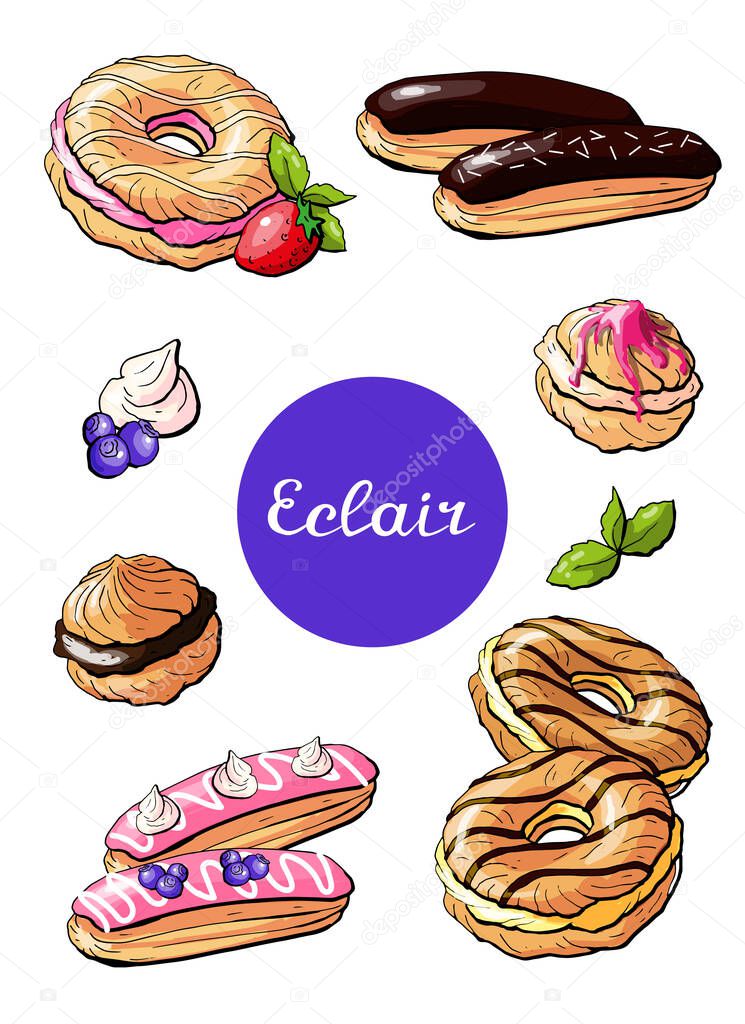 Vector illustration bakery eclair elements set