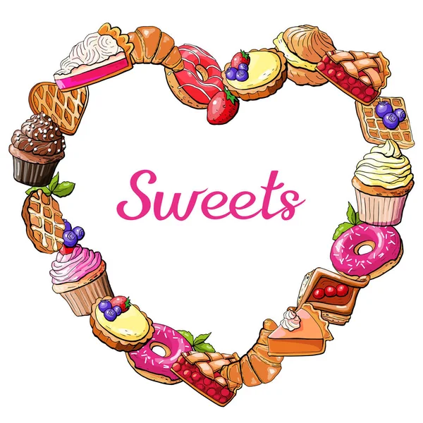 Vektor Illustration Set Süßigkeiten Bäckerei Gebäck Herz Liebe — Stockvektor