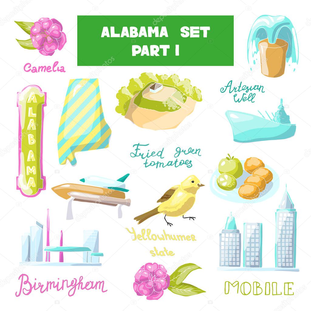 Vector illustration of Alabama's sighs ans sights: countryside of Montgomery, gulf shores, bridge, fishing, cotton, pelican, mask.