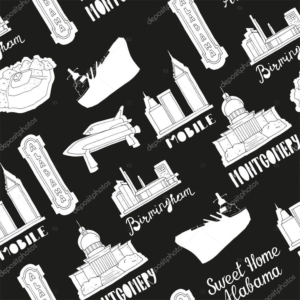 Vector seamless pattern with Alabama's sighs ans sights infographics