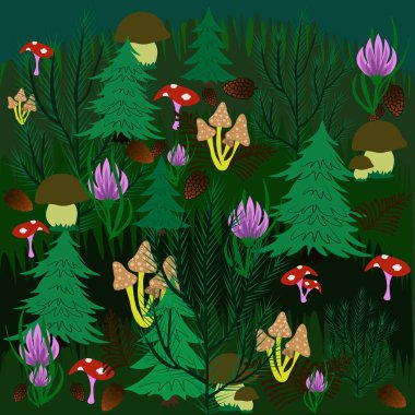 Karanlık bir ormanda Noel ağaçları, çam ağaçları, mantarlar ve çiçekler