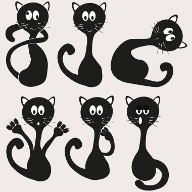 Farklı duyguları olan altı siyah kedi.