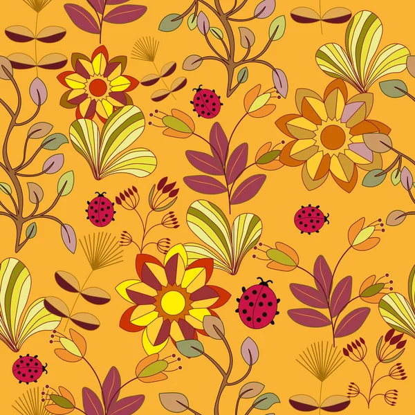 Flowers Leaves Yellow Colors Seamless Pattern — Stock Vector