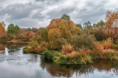 Güzel sonbahar nehir manzara renkli ağaçlar ile