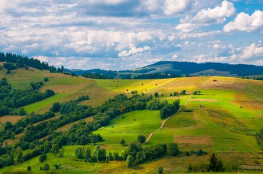 Panorama Karpat dağ manzarası ile yaz aylarında mavi bulutlu gökyüzü