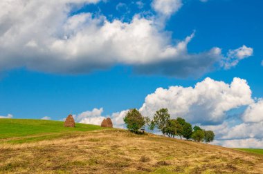 dağ manzarası haystacks ve ağaçların üstünde tepe-in tepe