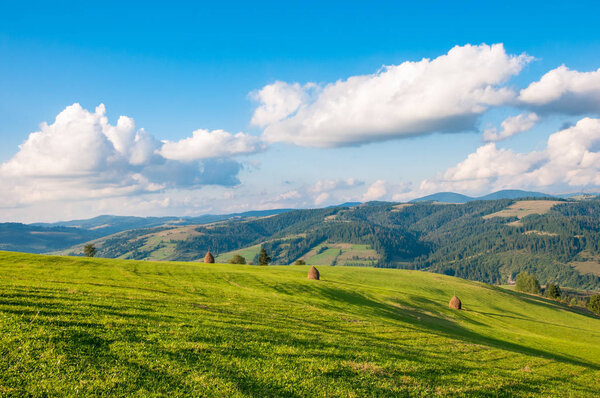 Carpathian mountain summer landscape with blue cloudy sky, agriculture fields, haystacks and countryside roads