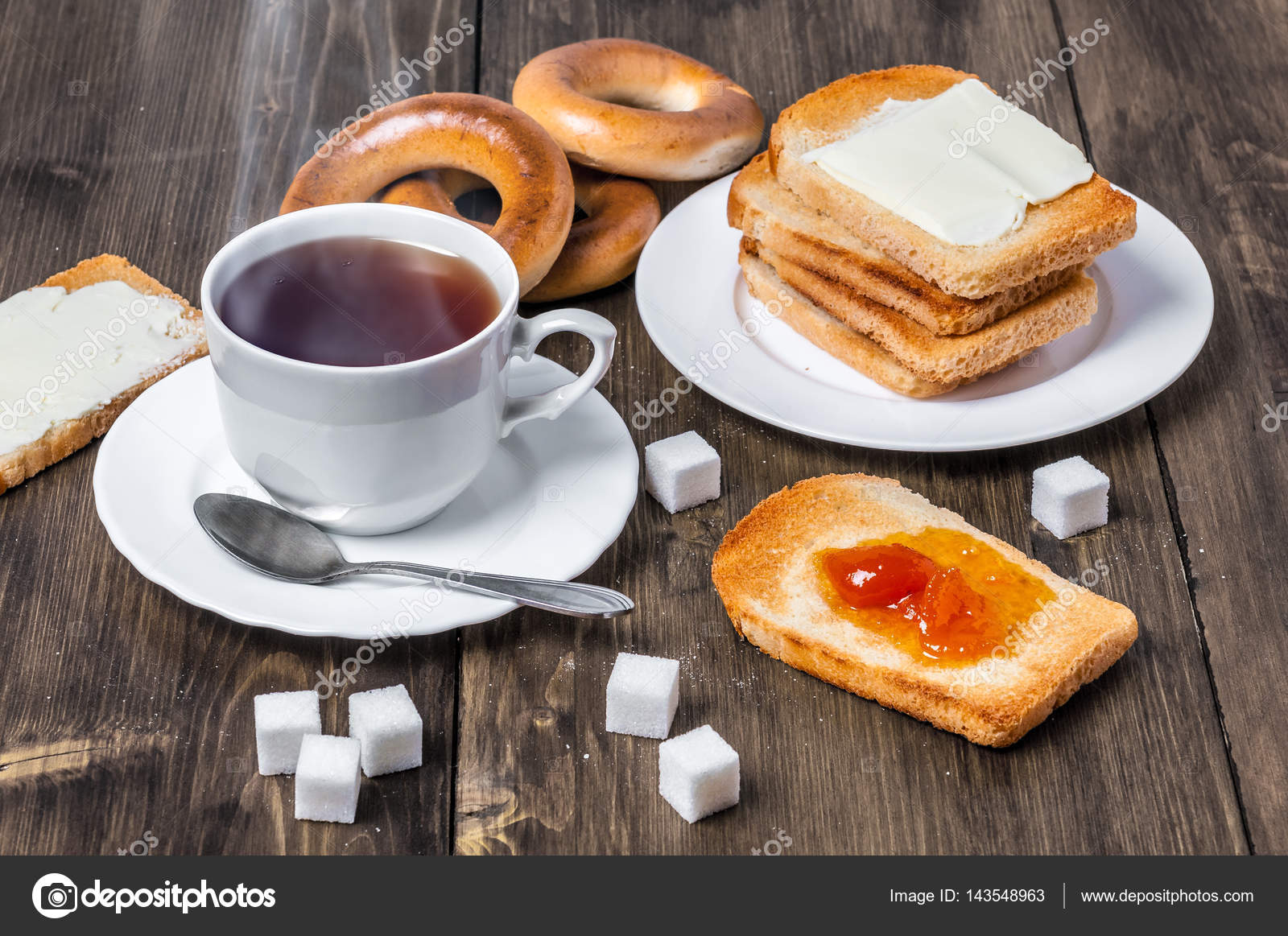 Healthy Breakfast With Cup Of Tea Bread Butter And Jam Stock Photo By C Monshtadoid Healthy Breakfast With Cup Of Tea Bread Butter And Jam Stock Photo By C Monshtadoid