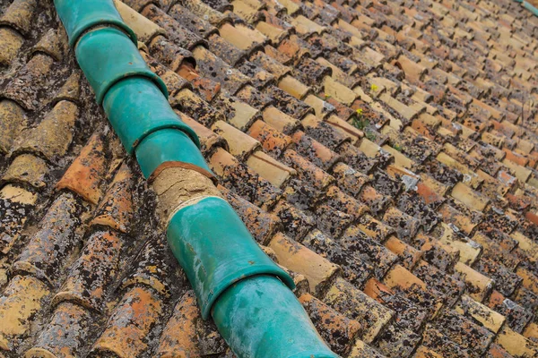 Techo de ladrillos viejos con una línea verde — Foto de Stock