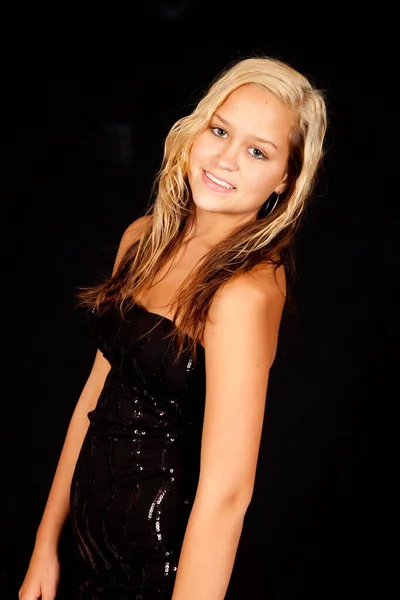 Pretty Blond Woman Black Dress Smile — Stock Photo, Image