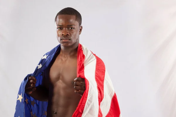 Hombre Negro Guapo Sin Camisa Con Una Bandera Estados Unidos —  Fotos de Stock