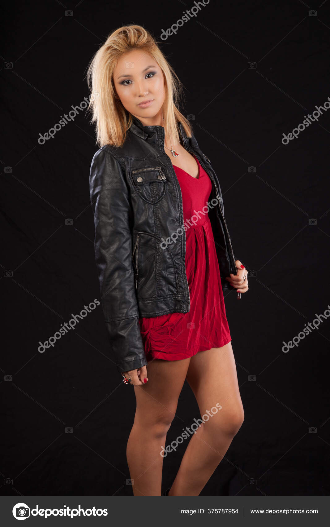 Red dress and leather jacket deals