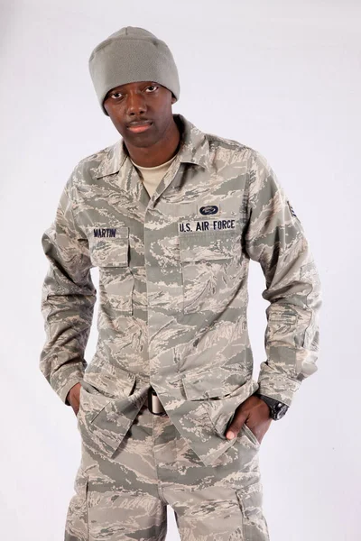 Thoughtful Black Man United States Air Force Uniform — Stock Photo, Image