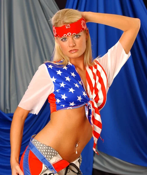 Red White and Blue Blonde Biker Babe — Stock Photo, Image
