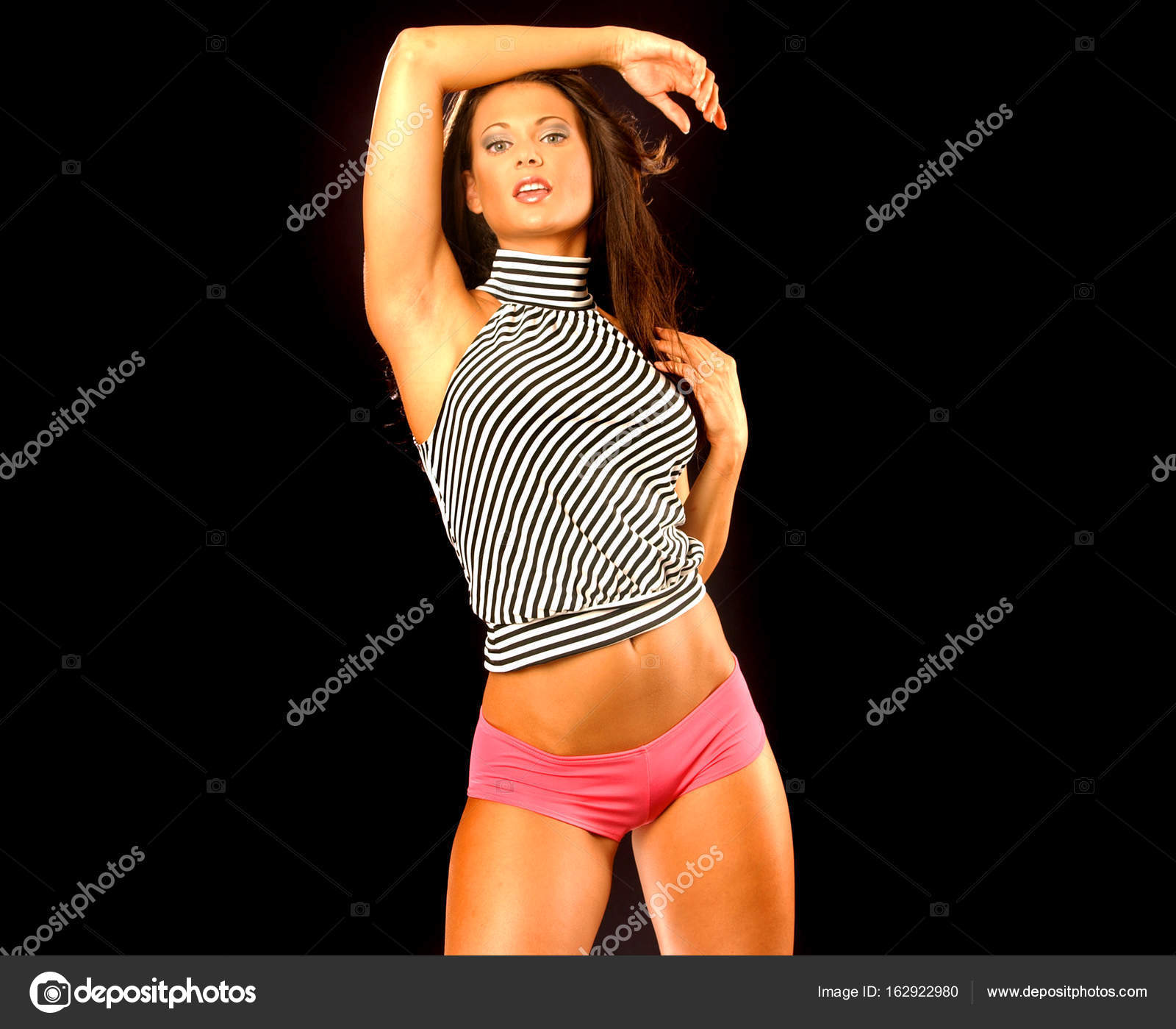 Black Wallpaper Sexy Brunette Black Stripped Top Stock Photo C Raykehoe