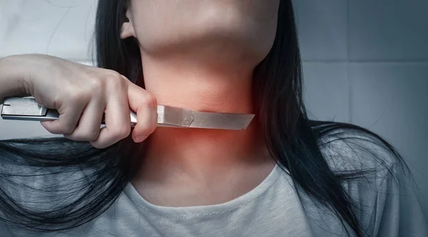 Desperate Young Asian Woman Trying Kill Herself Knife Her Neck — Stock Photo, Image