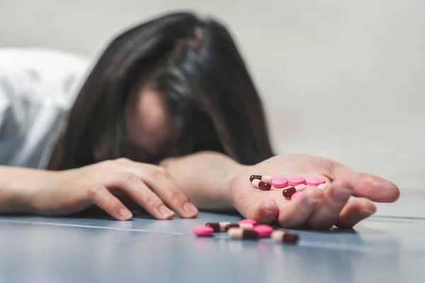 Suicide Prevention Concept Close Hand Young Asian Woman Taking Medicine — Stock Photo, Image