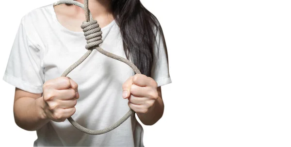 Depressed Young Asian Woman Holding Noose Kill Her Self Isolated — Stock Photo, Image